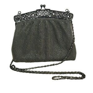 Vintage Talbots Black Beaded Evening Purse With Ornate Metal Frame & Chain Strap